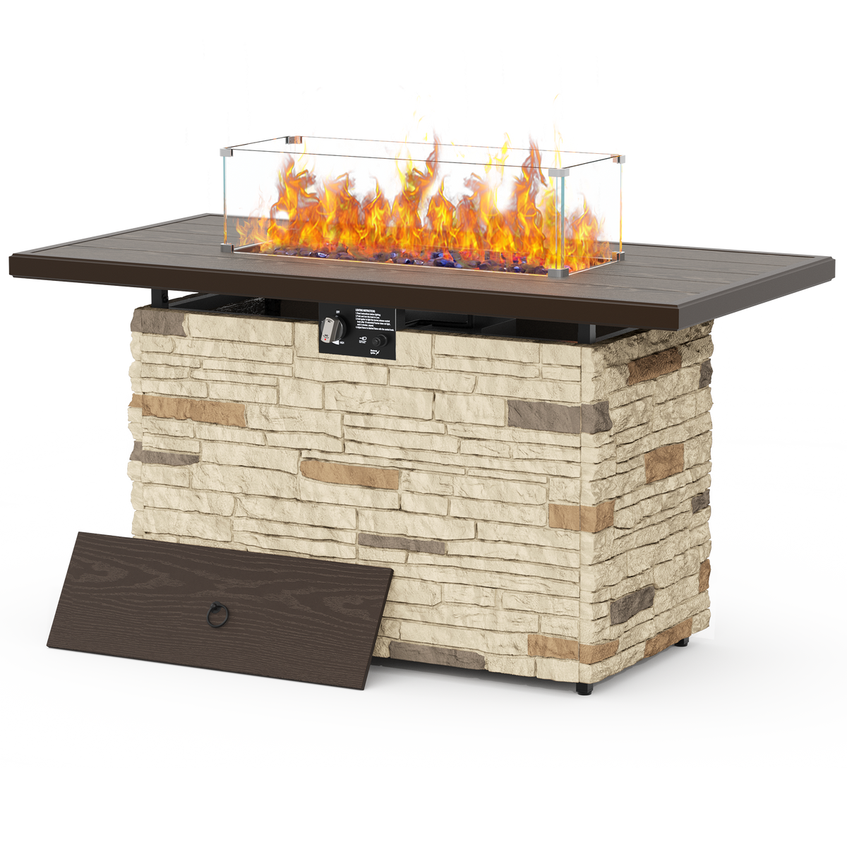 Pizzello Caldo- 43" Propane Fire Pit Table Rectangular Faux Stone Firepit Table