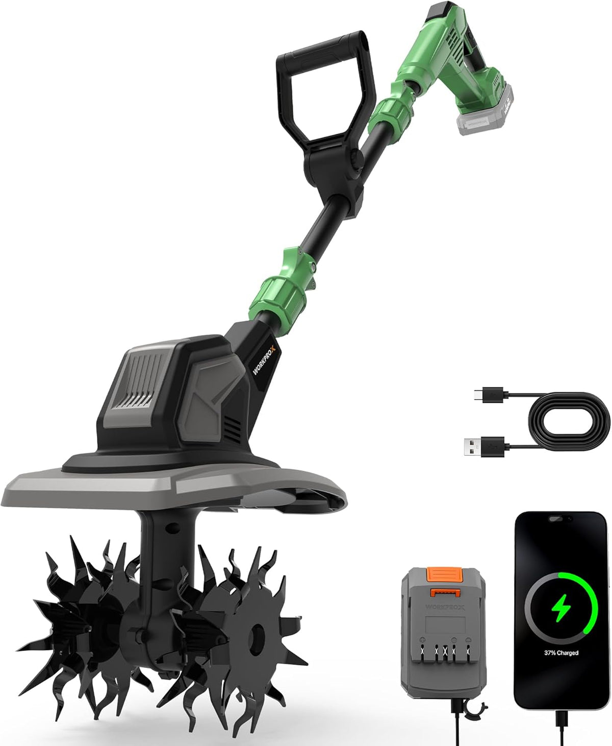 WORKPROX 20V Cordless Tiller Cultivator, 4×12 Durable Steel Tines, 8-Inch Wide & Deep Garden Rototiller, 4.0Ah Battery Powered, Electric Cultivator for Soil, Lawn & Garden