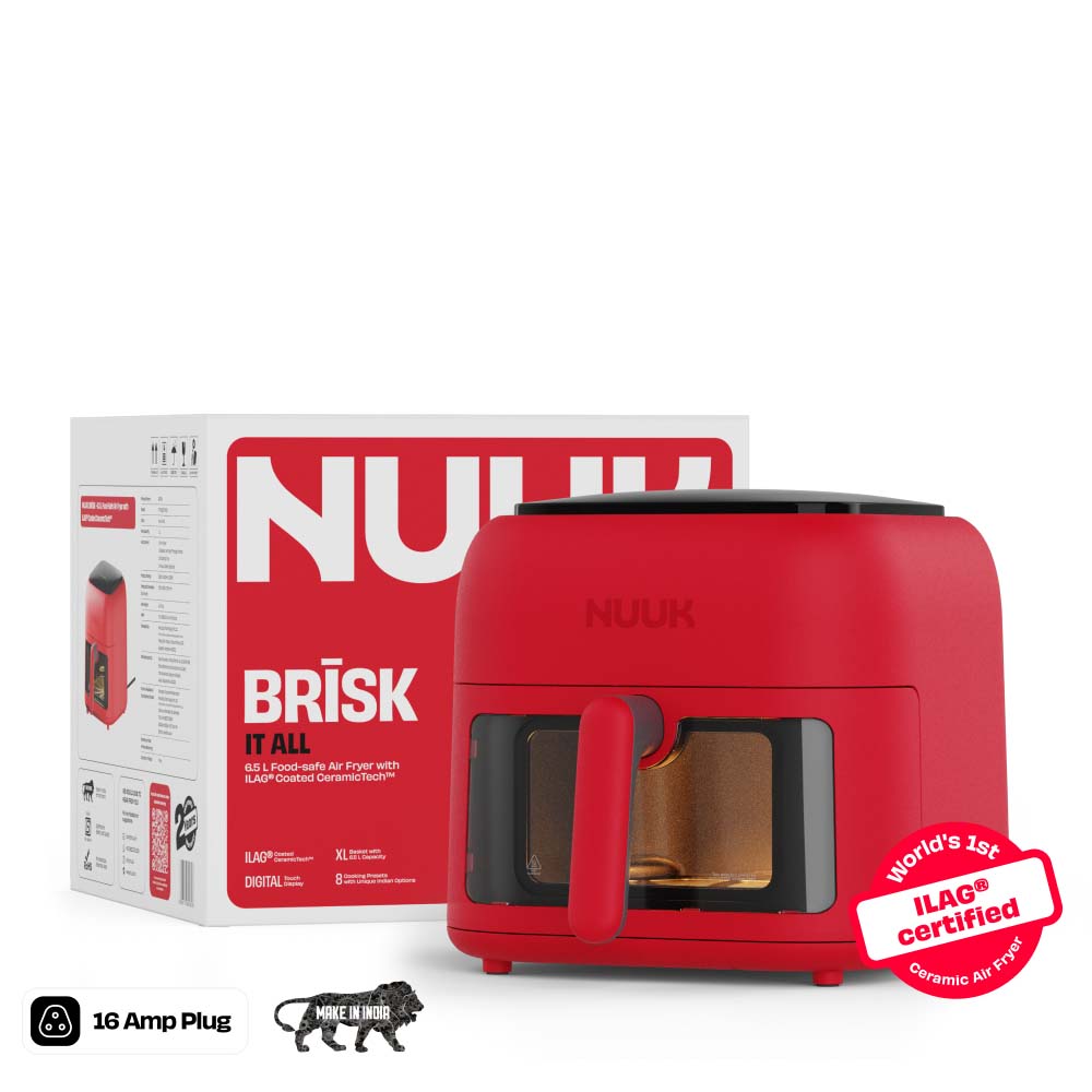NUUK BRĪSK 6.5L XL Basket |100% Toxin-Free Ceramic Air Fryer | ILAG® CeramicTech™ | No Micro plastics, No PTFE, PFAS, PFOA | 8 Cooking Presets | Digital Display | Shake Reminder | 360° Even Cooking