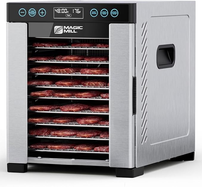 Magic Mill Pro Food Dehydrator Machine | 10 Stainless Steel Trays | Dryer for Jerky, Dog Treats, Herb, Meat, Beef, Fruit | Keep Warm Function, Digital Timer and Temperature Control, ETL Approved MODEL MFD-1098