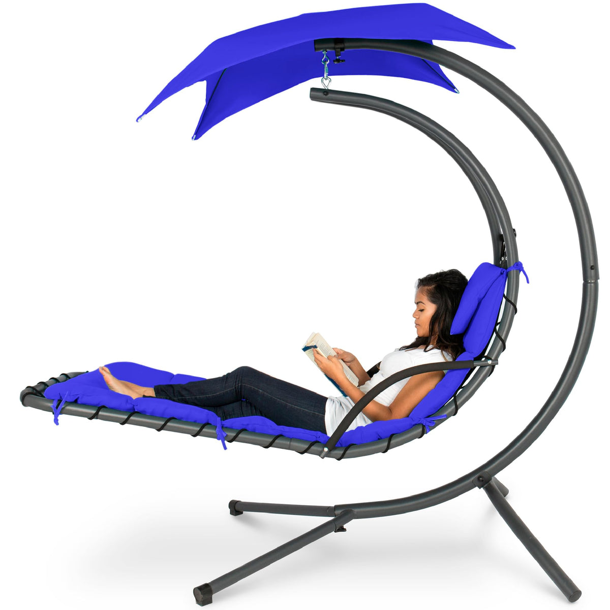 Best Choice Products Outdoor Hanging Curved Steel Chaise Lounge Chair Swing w/Built-in Pillow and Removable Canopy - Resort Blue