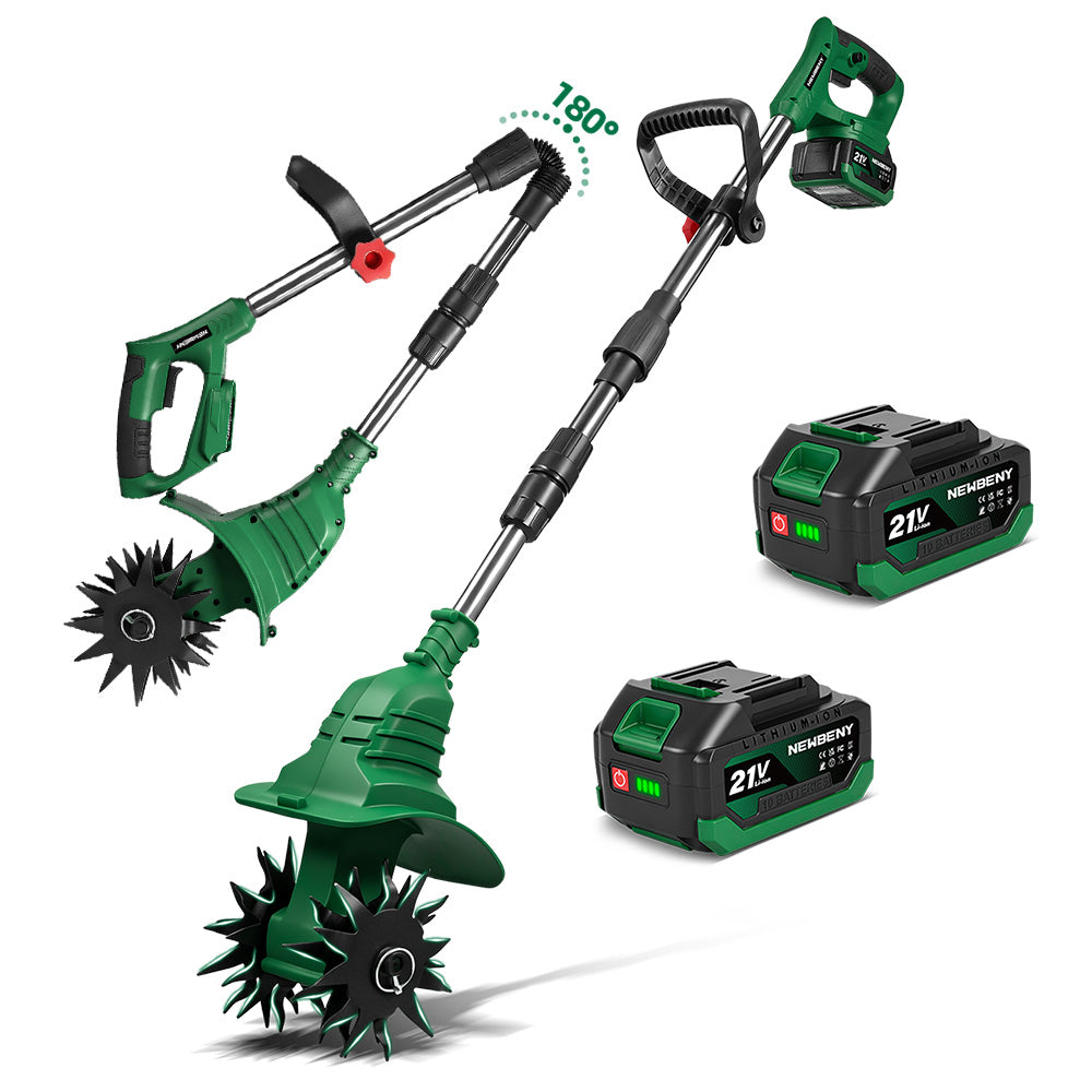 NewBeny 6.7 Inch Cordless Garden Tiller Cultivator Dual-Blade Design with Foldable Handle [2 batteries and a charger included]