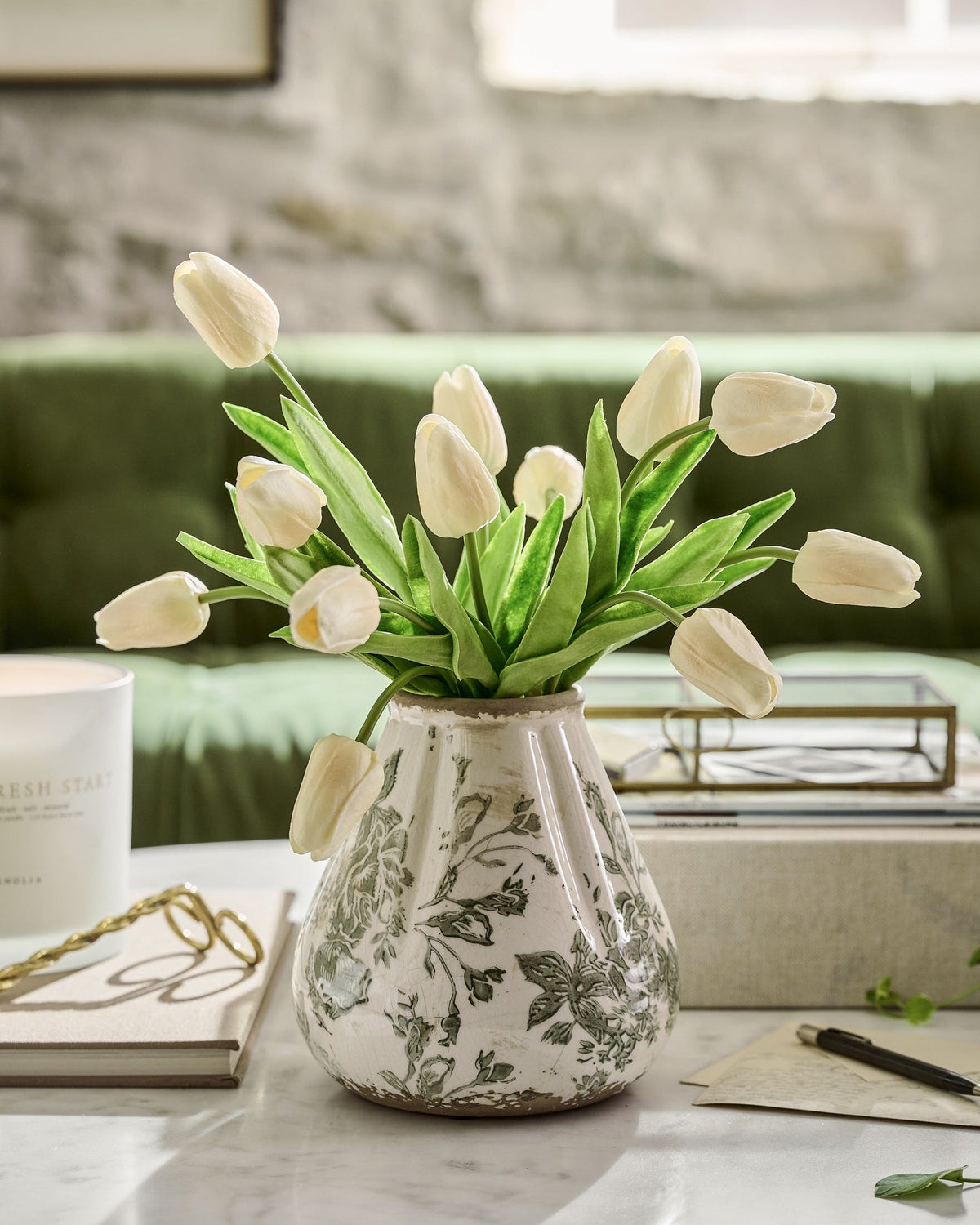 Fluted Green And White Distressed Vase