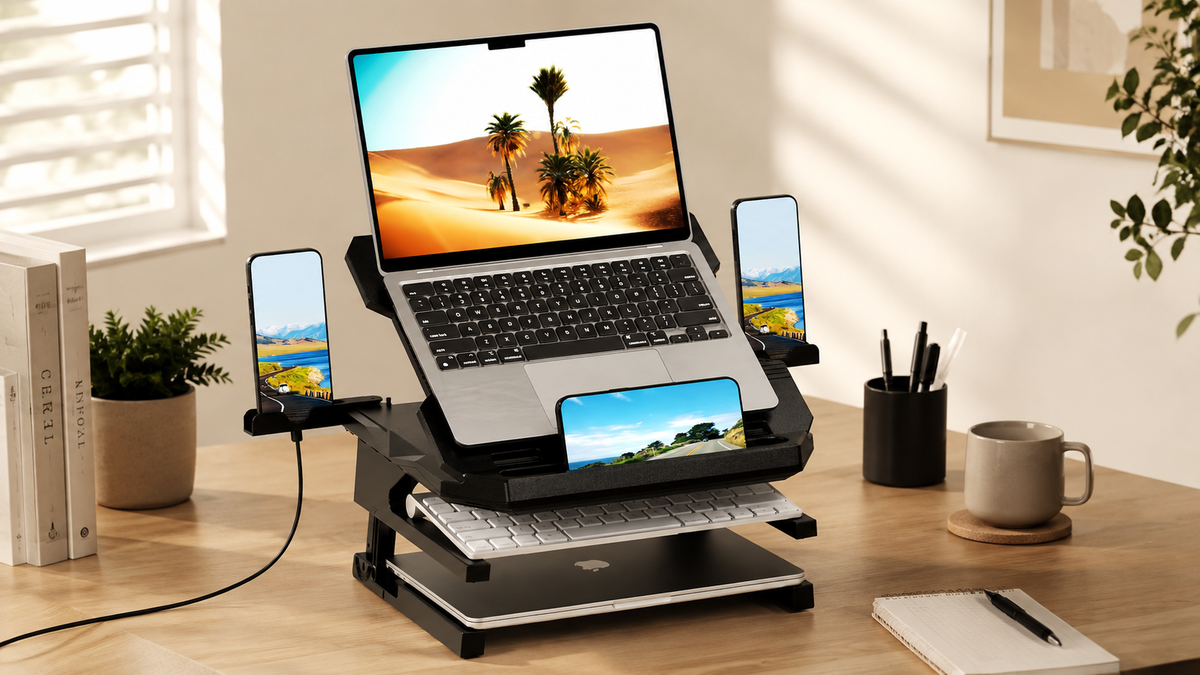 Adjustable Laptop Stand With Phone Holder — Rotating Base, 3-Height Riser, Fits 10–17"