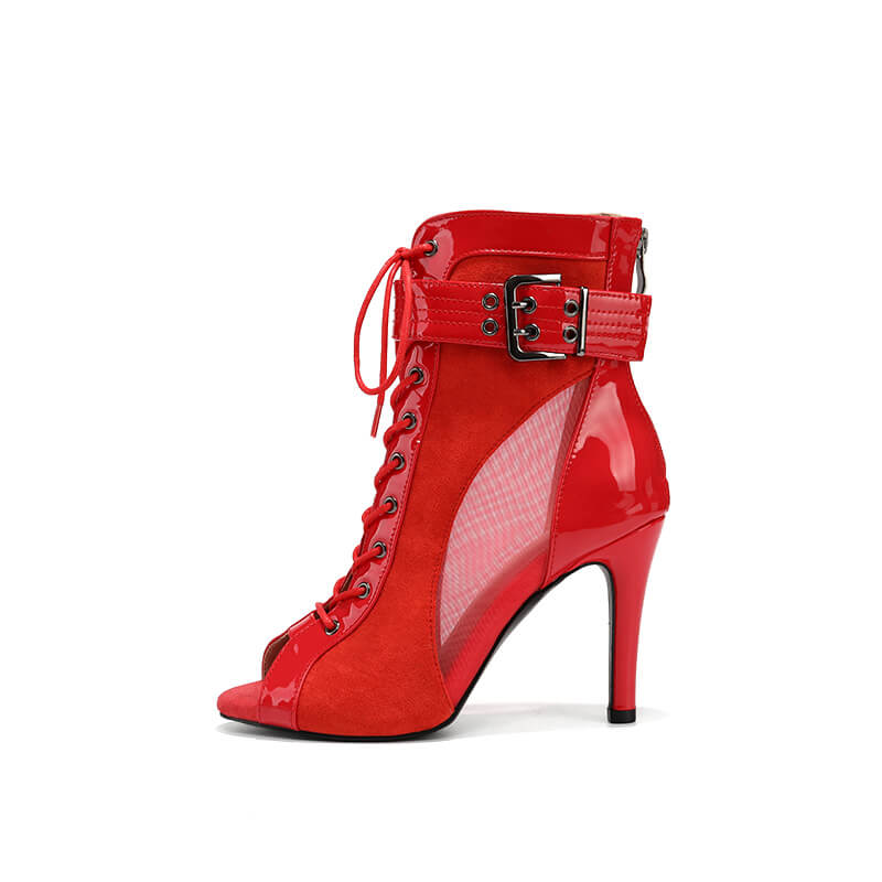 Red Leather Wide Ankle Buckle Dance Boots