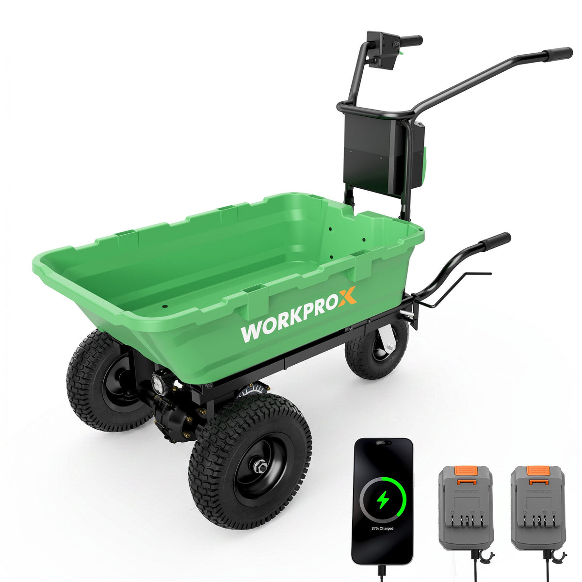 WORKPROX 40V Brushless Electric Wheelbarrow with Dual 4.0Ah Batteries, 440 lbs Load Capacity, 3-Speed Forward & Reverse, Climbs Slopes Up to 15°, LED Display, Built-in Light & Horn
