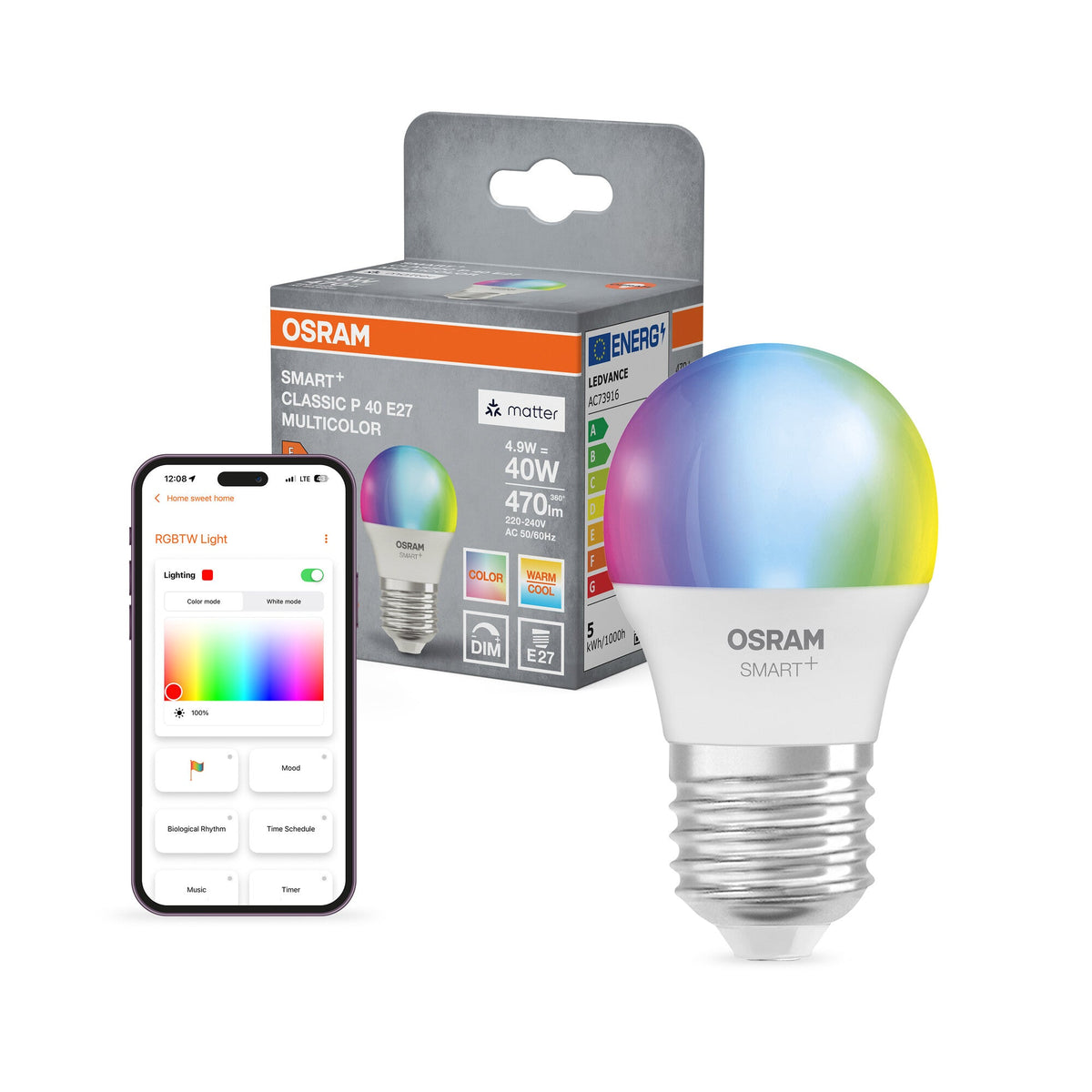 Osram Smart+ Matter Classic Shapes Multicolor In P-Form, Led-Lampe, Matt, 4,9 W, 470 Lm, Von 2700 Bis 6500 K,