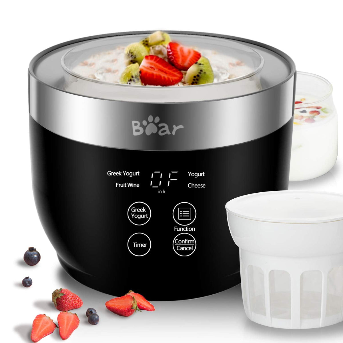 Bear Yogurt Maker by Bar – Greek Yogurt, Cheese & More, Stainless Steel Pot, 14h Timer, 2 Glass Jars