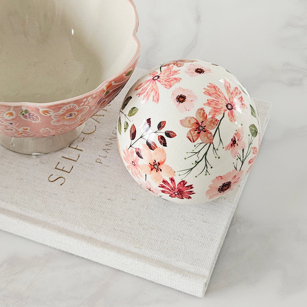 Glazed Flower Decorative Ball - Stoneware Home Décor Ornament