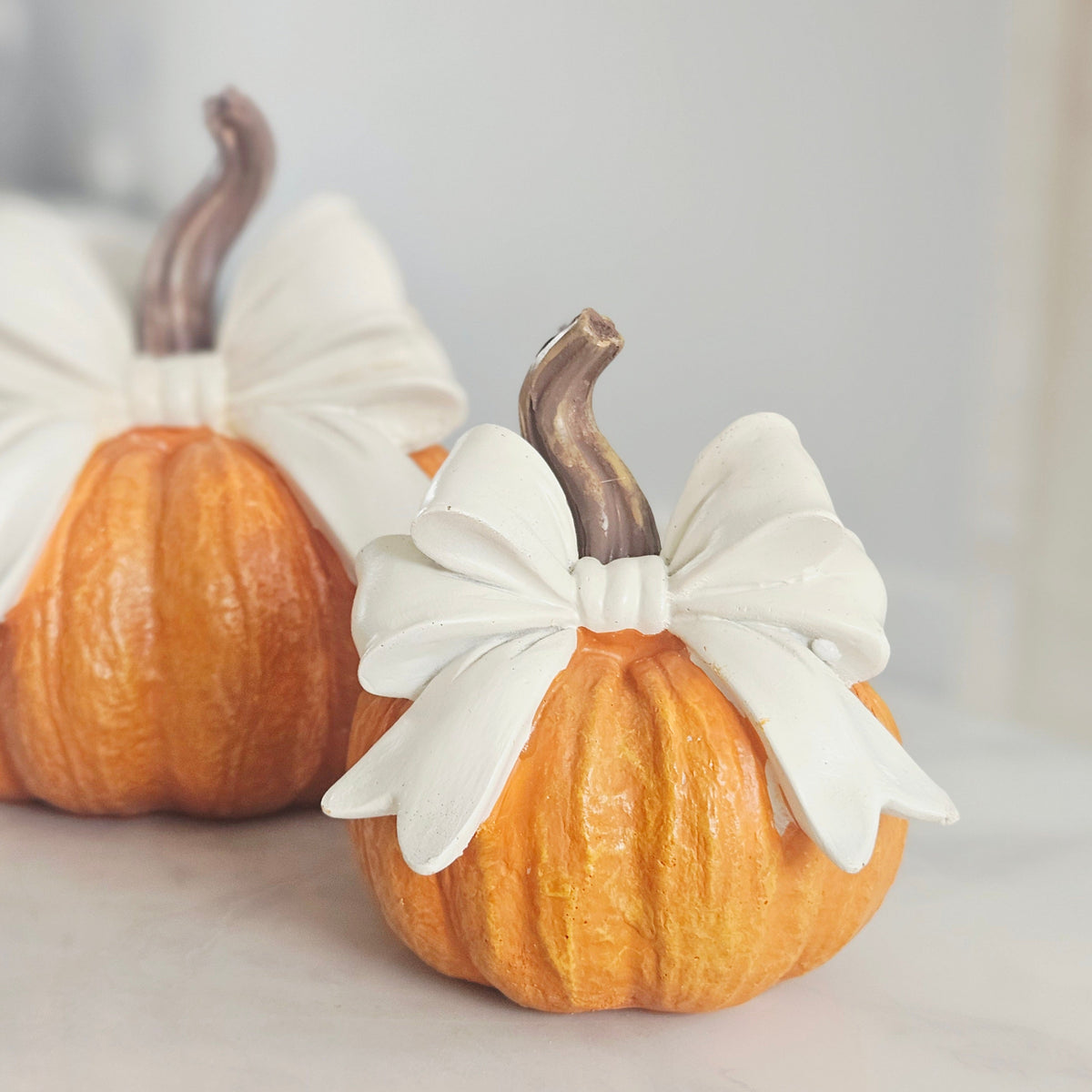 Small Pumpkin With Cream Bow - Autumn Home Décor