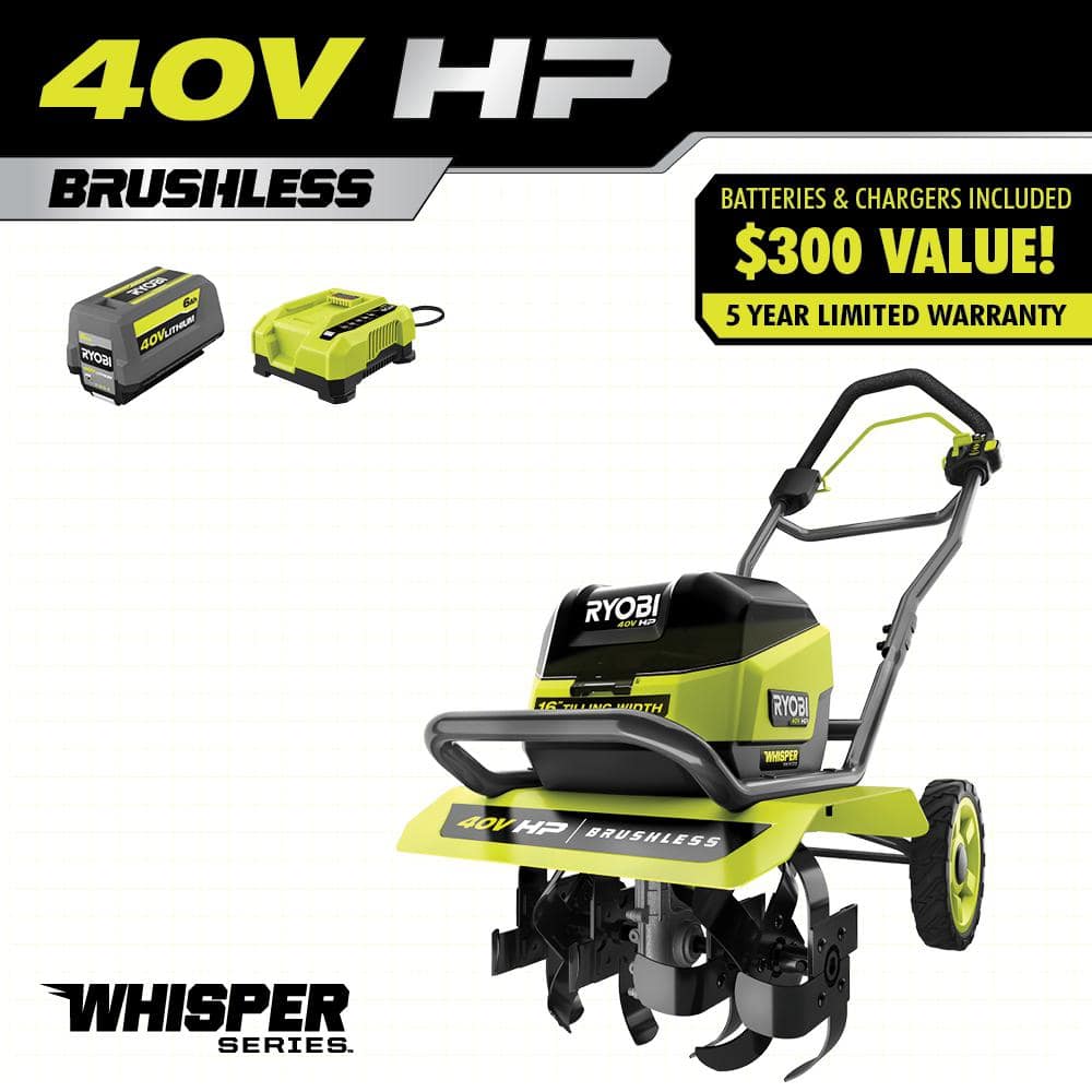 RYOBI 40V HP Brushless 16 in. Front Tine Tiller with Adjustable Tilling Width with 6.0 Ah Battery and Quick Charger