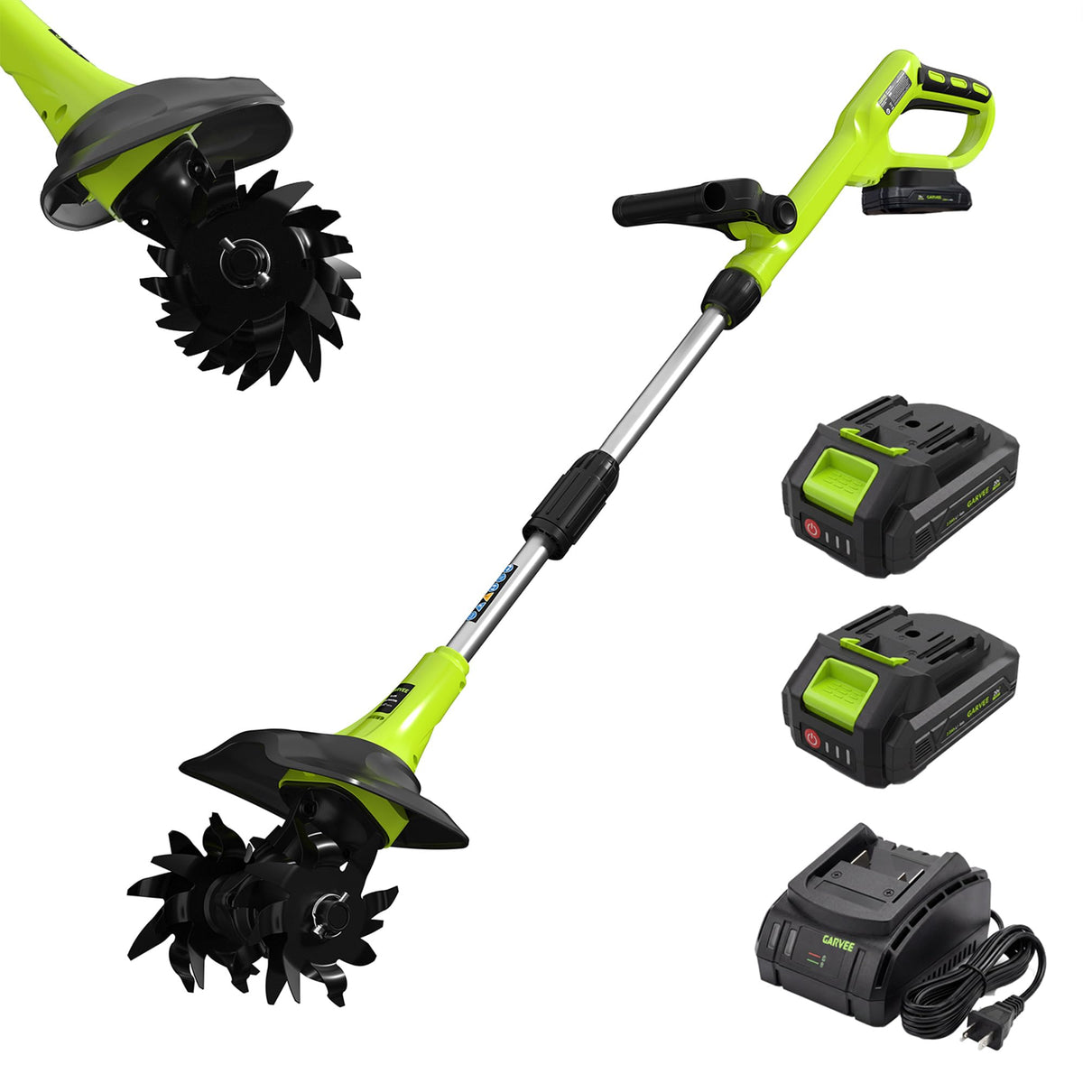 Garvee 20V Cordless Garden Tiller Cultivator, 2 × 2.0Ah Batteries, 9 in Tilling Width, 6.3 in Depth, Black & Green