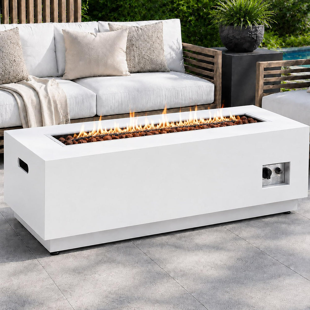 Garvee Propane Fire Pit Table, 48-Inch Rectangular White Table with 50,000 BTU Burner, 304 Stainless Steel Fire Bowl, Hidden Tank and Removable Lid for Patio Heating
