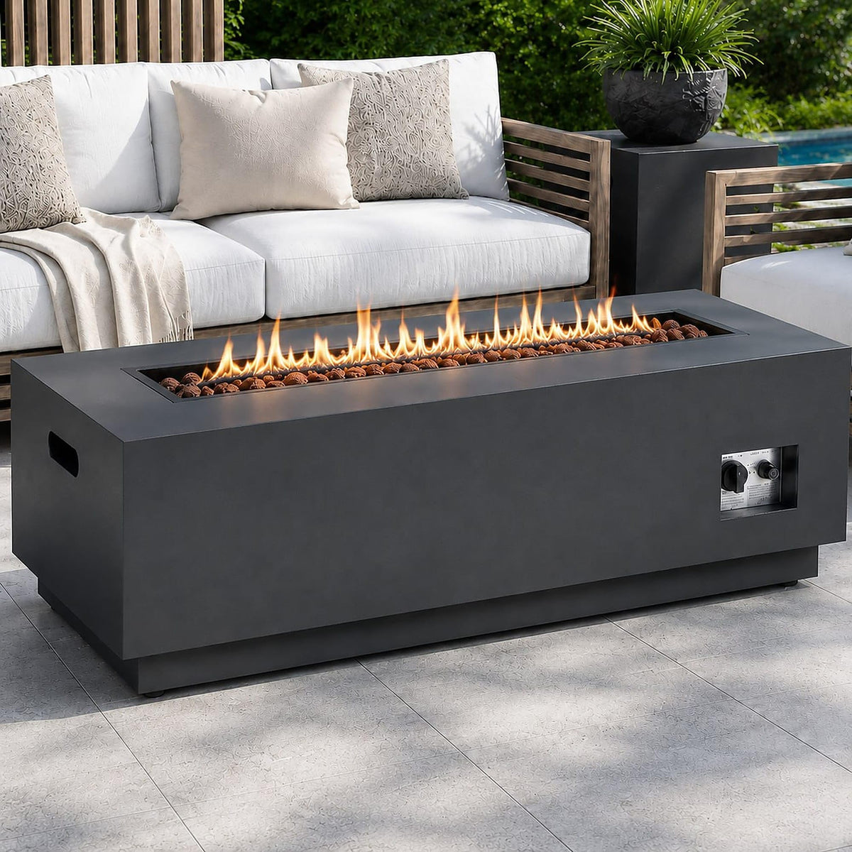 Garvee Propane Fire Pit Table, 48-Inch Rectangular Dark Gray Table with 50,000 BTU Burner, 304 Stainless Steel Fire Bowl, Hidden Tank and Lid for Patio Heating