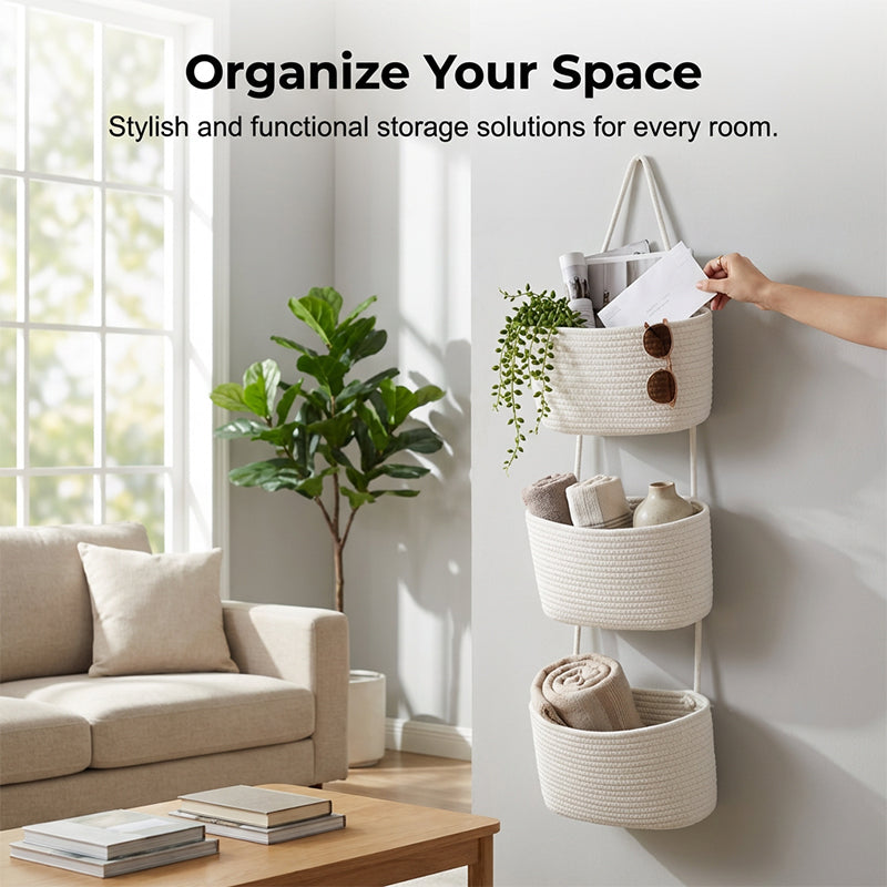 🧺 Limited-Time 50% Off! ✨ Wall-Hanging Storage Organizer – 3-Tier, Boho Style, Space-Saving 🏡